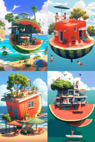 a house made of huge watermelon, floating in the sky, cold drink stalls, umbrellas, and trees by the seaside stands on top of it, in the style of pixar, colorful clouds and a blue sea background, high resolution, detailed illustrations, c4d, bright colors, fantasy art.