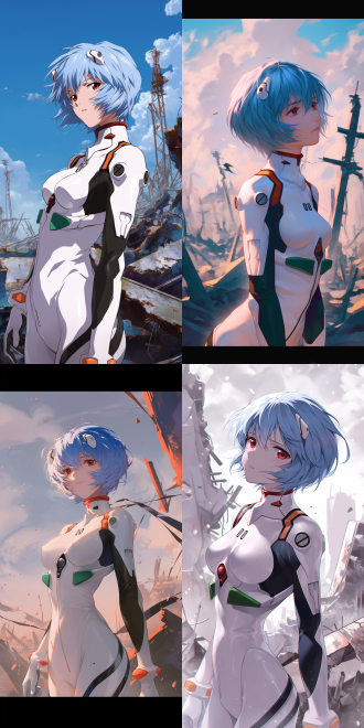 复制 in neon genesis evangelion, rei ayanami. her short blue hair flutters in the wind. her ethereal eyes reveal mystery. wearing white combat uniform, she stands gracefully and upright. the background is a ruined city with broken walls and remnants, showing vicissitudes. the picture is in the style of yoshida akihiko.，日本动漫风格， the overall tone is elegant and fresh. the lines are delicate and smooth. the style is beautiful and with a touch of sadness, showing unique charm.