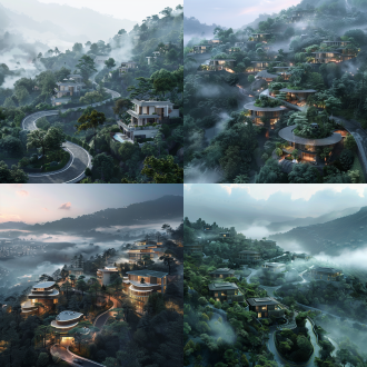 云雾缭绕中的山中仙境，山丘之中现代别墅建筑，盘山道路连接着各处的建筑 ，超脱尘世的宁静与祥和