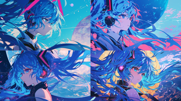 初音未来 knockout状态，转头看向别处，特写，太空行星背景，精美配色，美学风格，细节丰富，高质量，愉悦又坚毅。
