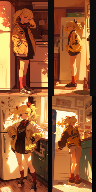 性转角色，标志性短金发双马尾红蝴蝶结，黑白带字黄里棒球外套，黑红袜黑鞋，q版厨房门你豆和炭两侧，暖光，漫画风，可爱氛围。