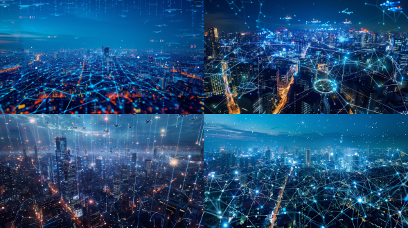 a bird's-eye view of a bustling smart city at night, seen through a wide-angle lens with high resolution. the city is filled with numerous brightly lit skyscrapers. there are countless drones in the air, forming a glowing neural network that wraps around the entire city. many glowing lines and dots connect with each other, creating a visual effect similar to a data network or digital connection, symbolizing digitization and informatization. the deep blue night sky provides a sense of depth and a strong technological feel. the bright city lights stand in sharp contrast to the deep blue night sky, intensifying the visual impact and technological atmosphere. it's a backlit scene with dynamic blur, emphasizing the dynamic elements. the overall blue color tone adds to the technological ambiance. the image should convey a sense of focus, with a strong sense of technology throughout.