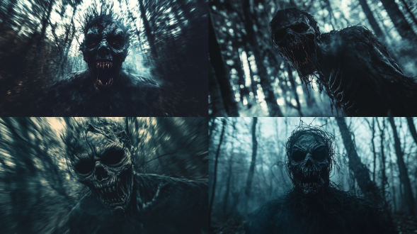 诡异恐怖的死亡魔鬼，扭曲面容，黑暗森林，冷色调，超广角镜头，逆光，低快门速度，模糊，恐惧。