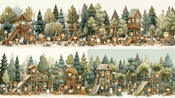 儿童插画，温馨可爱风格，《小王子》同款风格样式，超清画质，一群小朋友在森林里面与一群小动物欢快地开party、玩滑梯、荡秋千、玩摇摇马等游乐器械，器械是由木头制作成的，森林、树木、松树、桦树，驯鹿、狐狸、河马、长颈鹿、猫头鹰等，木材的棕色、石头的灰色、苔藓的绿色等，增强自然感，简洁几何形状，圆形、方形、三角形等，用于构建人物或物体的基本形态。流畅线条：简洁而流畅的线条，避免过多的装饰。大头小身比例，人物设计中常用的比例，增加可爱感和趣味性。温馨、宁静，通过柔和的色彩和简洁的画面传达出舒适的感觉。童趣：通过夸张的表情、可爱的动物等元素吸引儿童读者。透明、清新的质感，适合北欧风格的插画。简洁的线条和质感，适合表现自然和质朴的风格。木质纹理、纸张质感：增加画面的自然感和手工感。柔和的阳光、营造温馨或神秘的氛围。