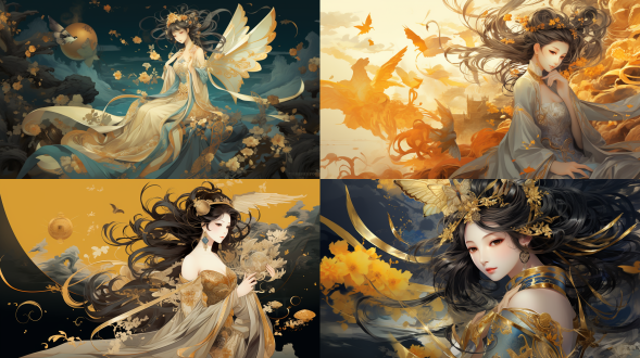 平面设计大师海报杰作，古代与现代技术融合，全景视图，光影交错，色彩丰富，动态感强，文化底蕴深厚，科幻背景，古风建筑，金色古朴，东方宫廷，仕女躺卧，手部优雅，蝴蝶飞舞，构图宏伟精细，文人蝴蝶前景，油画设计协作，虚实结合，前景实后景虚，蝴蝶翩翩，透视感强，震撼效果，壮丽，优雅姿势，慵懒感，人物精华，顶级摄影师构图，优雅华丽，温柔时尚，顶级画质，细节雕刻精致，前后对比强，肌理质感细节增强，人物表情安静精美，香气扑鼻，古朴浓厚，寂静力量感，着装实用浪漫唯美，细节精美，未来感，意境感。