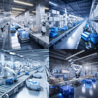 智能物流仓库中机械臂与机器人协同作业，物品有序上输送带，现代高科技风，软蓝装饰简约设计，色调纯净，蓝发光玻璃装饰，白空间环绕，白蓝灰泥风格，大光圈，俯瞰，宁静。