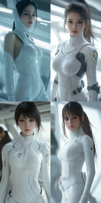 eva绫波丽，白色紧身战斗服，曼妙身材，高分辨率，照相写实主义，超写实主义，全身，特写镜头，冷色调，柔和光线，静态，神秘，冷峻。
