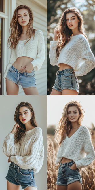 肤白貌美身材好的女生，白色毛衣，牛仔热裤，半身照，自然光，柔和色调，浅景深，微笑，自信，时尚，清新，高光，柔焦，浅色背景，广角镜头，侧光，温暖，清新，自然，时尚。