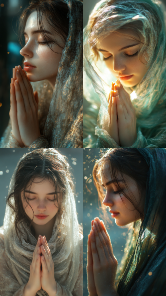 用玻璃材质做成的少女，全身，透明的，头戴围巾，祷告，透明玻璃，真实的，柔和的光线，高清摄影