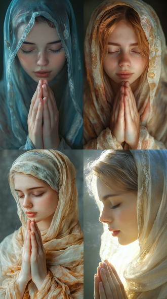 玻璃少女，全身，透明的，头戴围巾，祷告，透明玻璃，真实的，柔和的光线，高清摄影