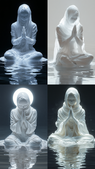 白色陶瓷女孩，正面脸，全身像，晶莹剔透，发着白色的光，跪在水面上，虔诚的祈祷，透明的，头戴围巾，艺术品，明亮的光线，高清