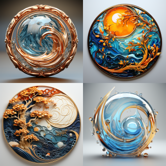 徽章设计，以水为元素的圆形徽章，金属制作，水的形态，3d效果，细节丰富，微距镜头，自然光，绘画动作，多元素，蓝色为主，橘黄色为辅，鲜艳色彩，创意灵感，兴奋。