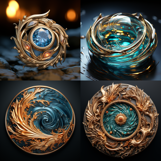 徽章设计，以水为元素的圆形徽章，金属制作，水的形态，3d效果，细节丰富，微距镜头，自然光，绘画动作，多元素，蓝色为主，鲜艳色彩，创意灵感，兴奋。