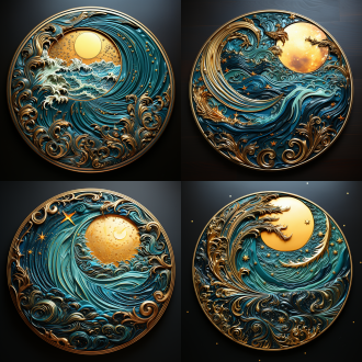 徽章设计，以水为元素的圆形徽章，金属制作，水的形态，3d效果，细节丰富，微距镜头，自然光，绘画动作，多元素，鲜艳色彩，创意灵感，兴奋。