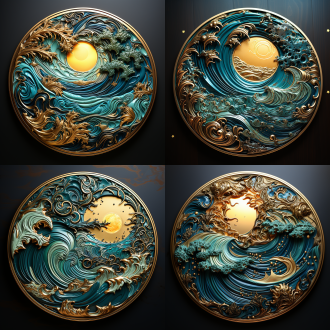 徽章设计，以水为元素的圆形徽章，金属制作，水的形态，3d效果，细节丰富，微距镜头，自然光，绘画动作，多元素，鲜艳色彩，创意灵感，兴奋。