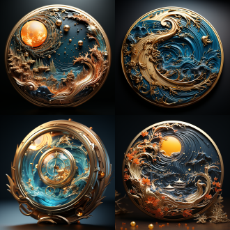 徽章设计，以水为元素的圆形徽章，金属制作，水的形态，3d效果，细节丰富，微距镜头，自然光，绘画动作，多元素，蓝色为主，鲜艳色彩，创意灵感，兴奋。