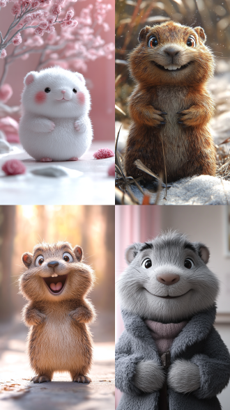 一只胖乎乎，可爱，毛茸茸的土拨鼠，有着拟人化的设计，丰富的表情，包括快乐，愤怒，悲伤，蔑视，开心，幸福，凝视，和傻笑和微笑，以3d绒的风格为背景，背景是白色的，它有点蓬松，背景是粉红色的，卡通风格的极简主义，