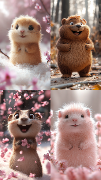 一只胖乎乎，可爱，毛茸茸的土拨鼠，有着拟人化的设计，丰富的表情，包括快乐，愤怒，悲伤，蔑视，开心，幸福，凝视，和傻笑和微笑，以3d绒的风格为背景，背景是白色的，它有点蓬松，背景是粉红色的，卡通风格的极简主义，