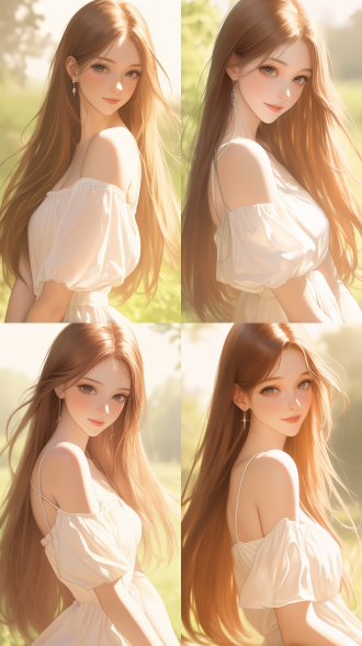 美女，高颜值，凉快，半身像，自然光，户外，清新风格，浅色连衣裙，微笑，柔和色调，长直发，微风，舒适，优雅。