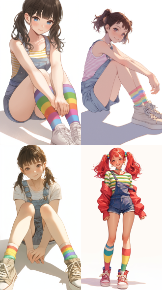 美女，高颜值，凉快，半身像，自然光，户外，清新风格，条纹内搭，牛仔背带短裤，彩虹条纹袜子，厚底帆布鞋，双马尾，微笑，柔和色调，微风，舒适，优雅，白色背景干净无杂物