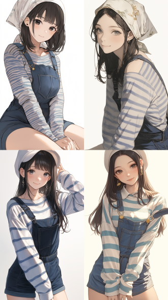 美女，高颜值，凉快，正面半身像，自然光，户外，清新风格，条纹长袖内搭，牛仔背带短裤，黑长直，白色森系头巾，微笑，柔和色调，微风，舒适，优雅，白色背景干净无杂物