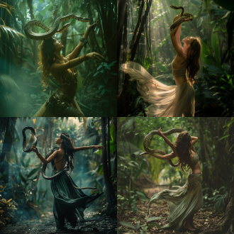 美女与蛇共舞，优雅姿态，蛇身缠绕，热带雨林背景，柔和光线，长焦镜头，慢快门，动态模糊，神秘感，绿色调，平静与紧张并存。