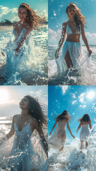 夏日海滩，美女戏水，长裙飘逸，微笑自然，沙滩背景，广角镜头，逆光，慢快门，水花四溅，轻松愉悦，蓝白调。