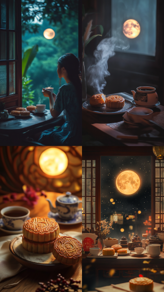 中秋节快乐，月亮高悬，月饼与咖啡并置，外汇行情屏幕闪烁，温馨室内，柔和光线，广角镜头，暖色调，侧光，静物，宁静，团圆。