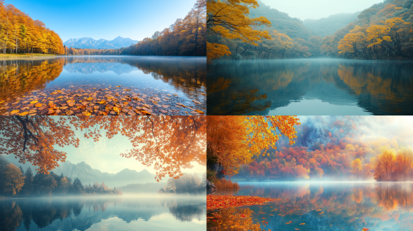 深秋森林，金黄落叶，晨雾弥漫，宁静湖面，倒影清晰，远山朦胧，长焦镜头，低角度，柔和光线，冷暖对比，宁静，神秘。