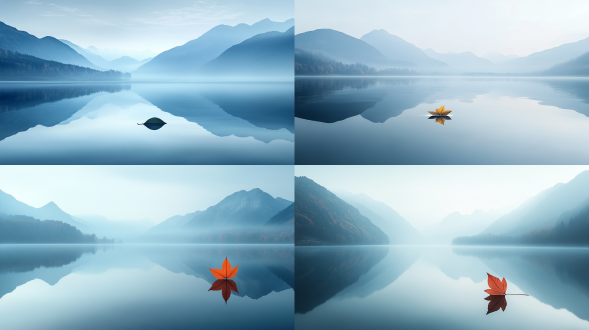 抽象风景，平静湖面倒映山脉，单叶在水上随风旋转，蓝灰柔和渐变，极简细节，三分法布局，冷色调，长焦镜头，逆光，慢快门，空灵氛围。