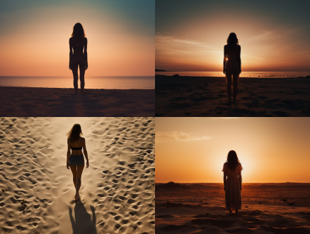 女生背影站在砂石上，画面极简，插画风格，低饱和度，中长焦镜头，侧逆光，安静，冷色调，简约元素。 极简主义 海滩 特写