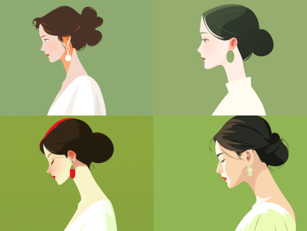 女孩扁平插画，牛油果绿背景，极简艺术，白色长裙，红色口红，迷人眼神，绿色复古耳环，侧脸角度，柔和光线，柔和色调，娴静情绪。 超扁平 极简主义