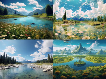 山川湖泊的全景，对称构图，蓝天白云下，绿色为主调，超广角镜头，顺光，宁静祥和，慢门流水，树木花草。