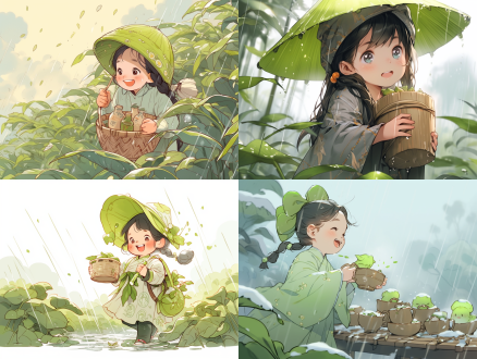 a super cute and happy little girl picking tea in ancient china, with light rain in the sky and tea leaves in the background. the light green color scheme is abstract and realistic, with clear background trends and clear contours,,in clothes