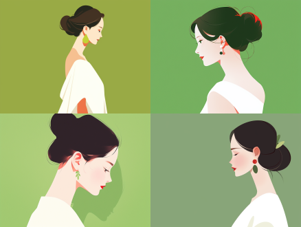女孩扁平插画，牛油果绿背景，极简艺术，白色长裙，红色口红，迷人眼神，绿色复古耳环，侧脸角度，柔和光线，柔和色调，娴静情绪。 超扁平 极简主义