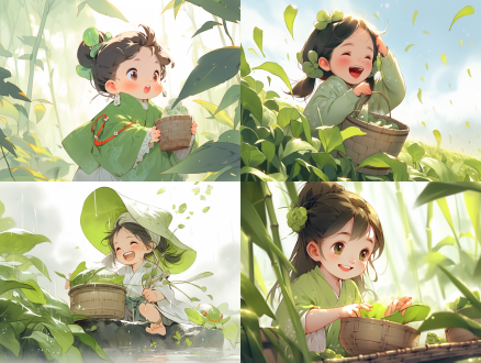 a super cute and happy little girl picking tea in ancient china, with light rain in the sky and tea leaves in the background. the light green color scheme is abstract and realistic, with clear background trends and clear contours,,in clothes