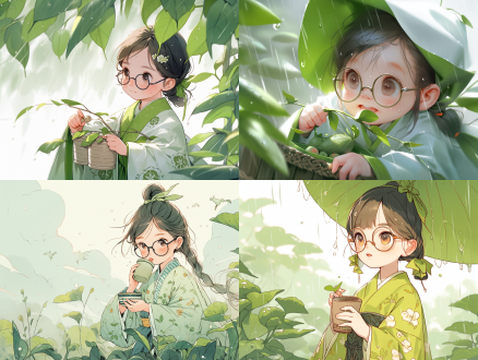 a super cute and happy little girl picking tea in ancient china is wearing glasses. there is light rain in the sky, and the background is tea leaves. the light green color scheme is abstract and realistic. the background trend is clear and the contours are clear.