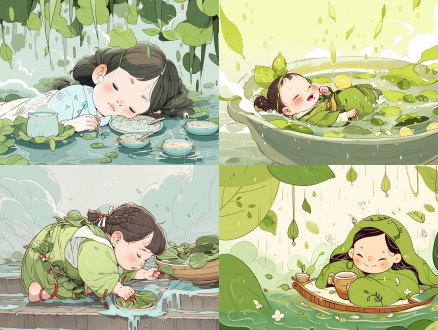 a super cute and happy little girl picking tea in ancient china is lying on the ground and playing with water. there is light rain in the sky. the background is tea leaves. the light green color scheme is abstract and realistic. the background trend is clear and the contours are clear.