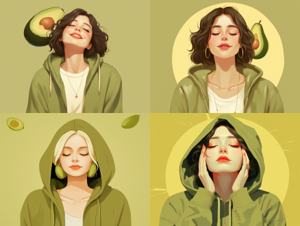 女孩扁平插画，牛油果绿背景，极简艺术，牛仔连衣帽，红色口红，迷人眼睛，绿色复古耳环，正面角度，右手遮挡眼睛，微笑看着前方，柔和光线，柔和色调，娴静情绪，超扁平，极简主义 极简 优雅风 文艺复兴 白黄