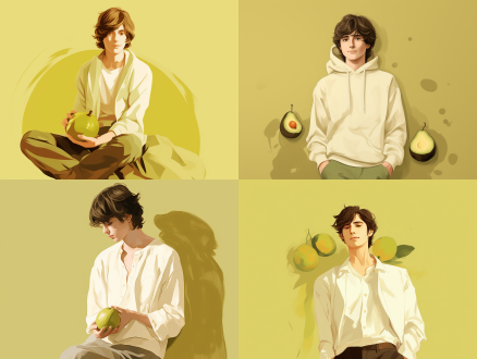 男生扁平插画，牛油果绿背景，极简艺术，拍照姿势，柔和光线，柔和色调，娴静情绪，超扁平，极简主义 极简 优雅风 文艺复兴 白黄