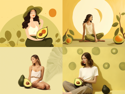 风景扁平插画，牛油果绿背景，极简艺术，拍照姿势，柔和光线，柔和色调，娴静情绪，超扁平，极简主义 极简 优雅风 文艺复兴 白黄