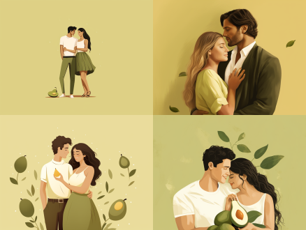 情侣扁平插画，牛油果绿背景，极简艺术，拍照姿势，柔和光线，柔和色调，娴静情绪，超扁平，极简主义 极简 优雅风 文艺复兴 白黄