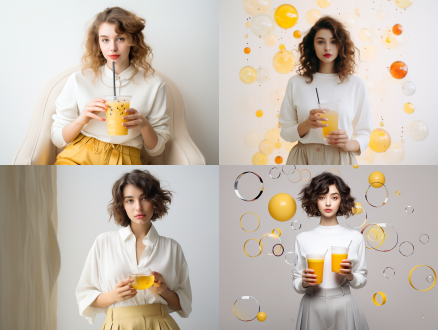 波浪形圆圈，白色背景，女孩喝奶茶，周围环绕各种文字，中心构图，极简风格，柔和光线，特写镜头，温暖色调，宁静氛围，专注表情。 极简 优雅风 文艺复兴 白黄
