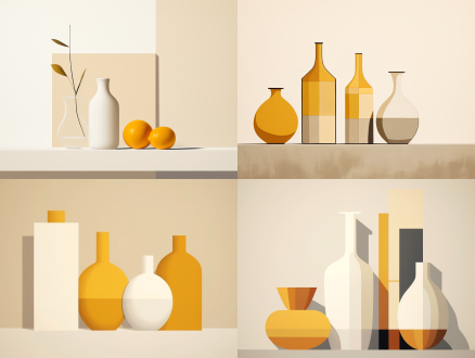 抽象简约，莫兰迪，极简主义，柔和色调，几何形状，低饱和度，平面设计，对称构图，柔和光线，静物，平静，优雅。 极简 优雅风 文艺复兴 白黄