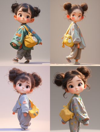a cute3year old chinese girl with a big head and a small body, her hair is fluffy and messy tied in a pil head, big eyes, one eye blinking, doe mouth, playful and cute, wearing a long cotton and linen embroidered shaft, a pair of grey cotton and linen straight legged pants, a yellow shoulder bag, striding forward, 3d, illustration