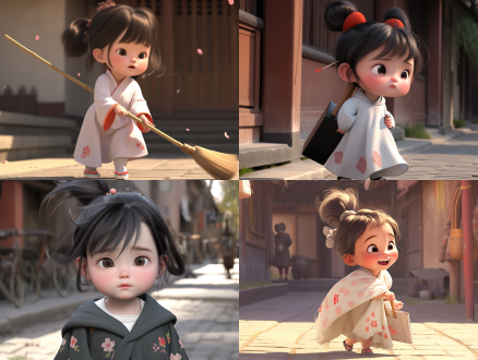 a cute3year old chinese girl with a big head and a small body, her hair is fluffy and messy tied in a pil head, big eyes, one eye blinking, doe mouth, playful and cute, wearing a long cotton and linen embroidered shaft, a pair of grey cotton and linen straight legged pants, a yellow shoulder bag, striding forward, 3d, illustration
