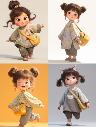 a cute3year old chinese girl with a big head and a small body, her hair is fluffy and messy tied in a pil head, big eyes, one eye blinking, doe mouth, playful and cute, wearing a long cotton and linen embroidered shaft, a pair of grey cotton and linen straight legged pants, a yellow shoulder bag, striding forward, 3d, illustration