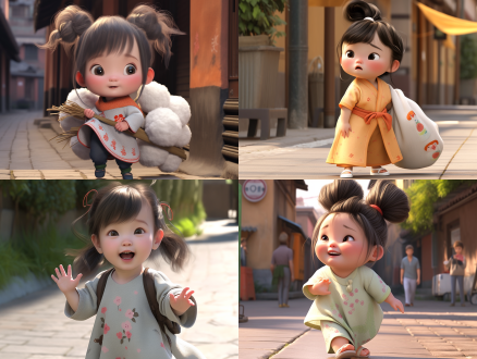 a cute3year old chinese girl with a big head and a small body, her hair is fluffy and messy tied in a pil head, big eyes, one eye blinking, doe mouth, playful and cute, wearing a long cotton and linen embroidered shaft, a pair of grey cotton and linen straight legged pants, a yellow shoulder bag, striding forward, 3d, illustration