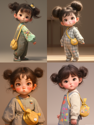 a cute3year old chinese girl with a big head and a small body, her hair is fluffy and messy tied in a pil head, big eyes, one eye blinking, doe mouth, playful and cute, wearing a long cotton and linen embroidered shaft, a pair of grey cotton and linen straight legged pants, a yellow shoulder bag, striding forward, 3d, illustration
