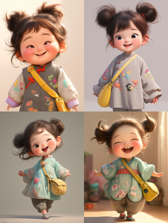 a cute 3-year-old chinese girl with a big head and a small body. her hair is fluffy and messy and tied into a pink bun. she has big eyes and one eye is blinking. she is laughing. she is playful and lovely. she is wearing a long embroidered cotton and linen dress, a pair of grey cotton and linen straight pants, and a yellow shoulder bag. she is striding forward. 3d illustration.